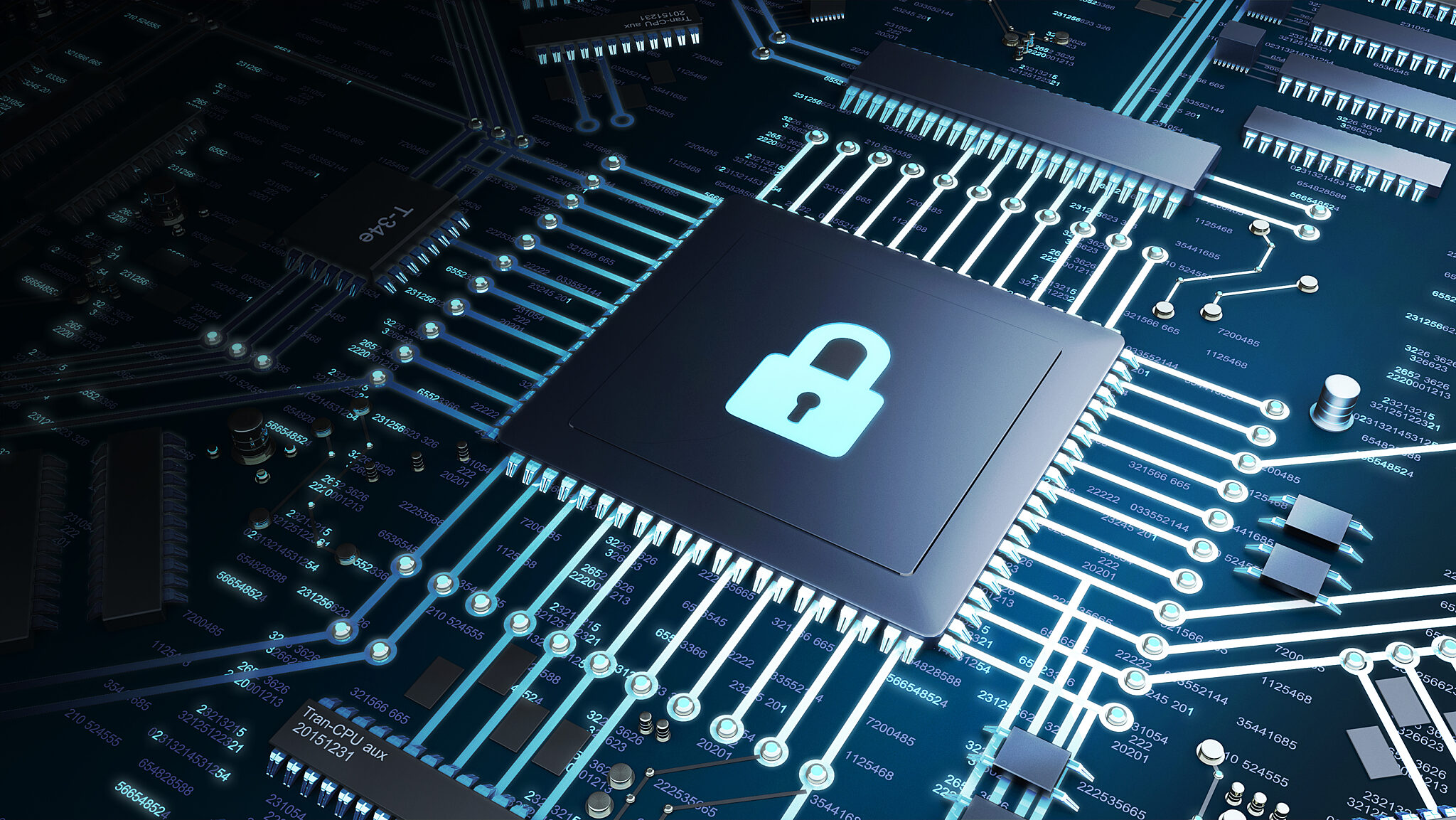 Extreme close-up of a circuit board showcasing a padlock icon on a chip