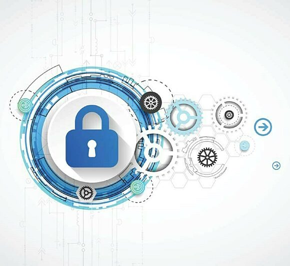 Illustration of a padlock surrounding by swirling abstract art