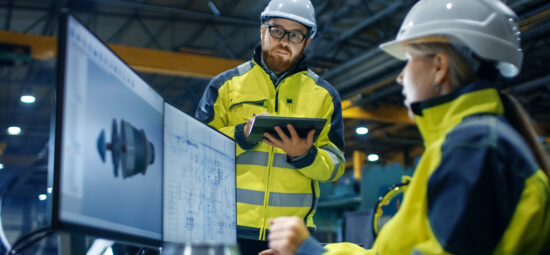 Engineers in hardhats and hiviz jackets studying a design drawing