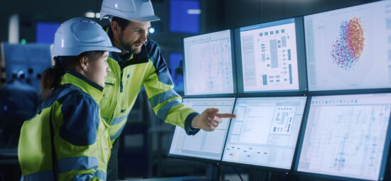 Engineers  in hard hats and hiviz jackets standing in front of a multi screened computer control system
