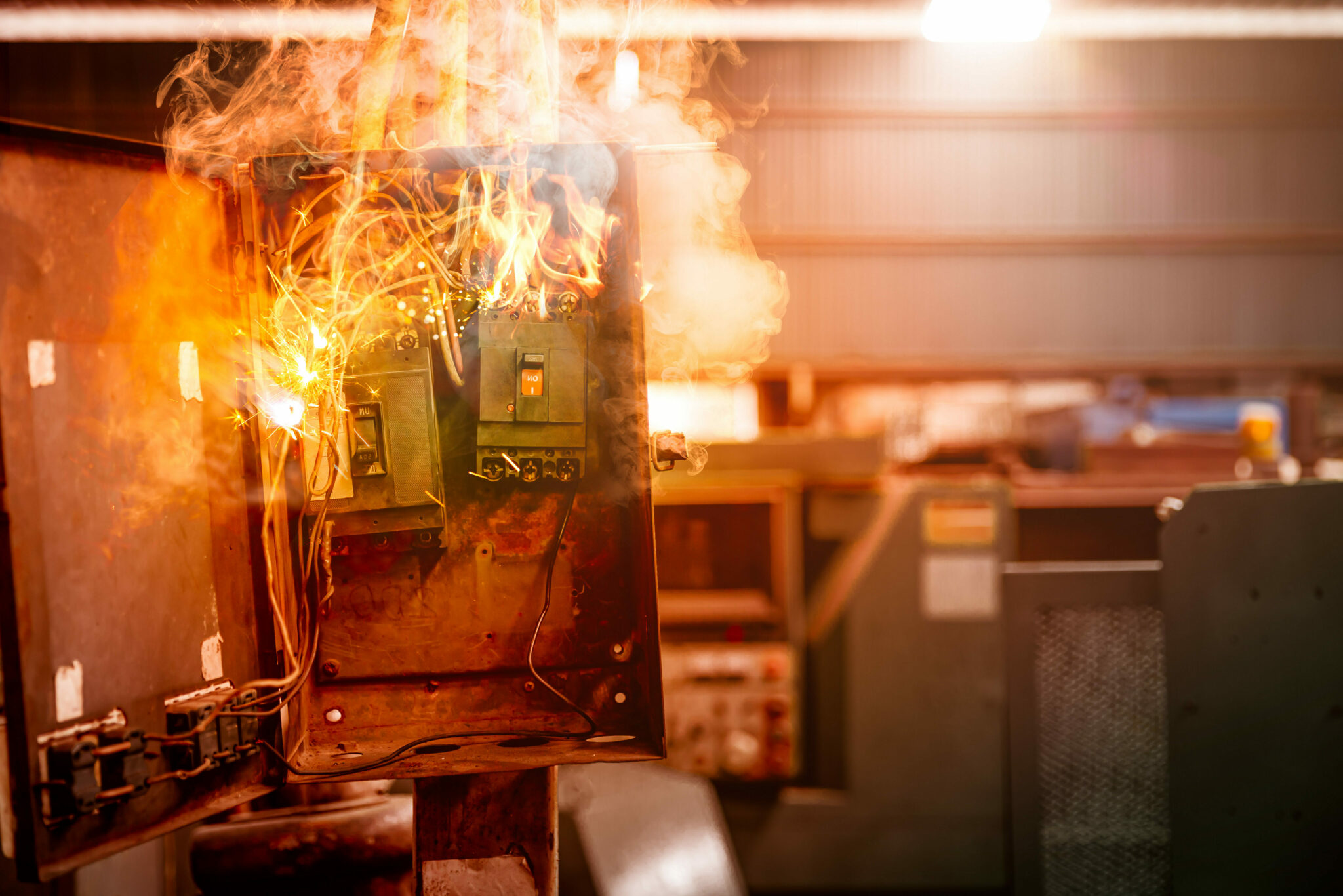 Closeup photograph of power breaker on fire in a test facility
