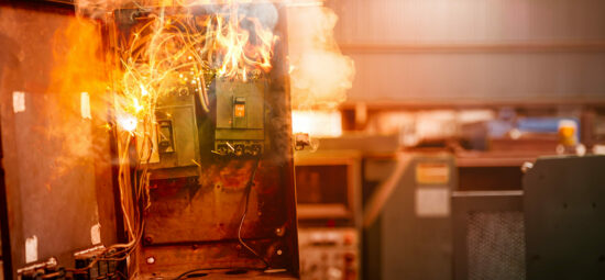 Closeup photograph of power breaker on fire in a test facility