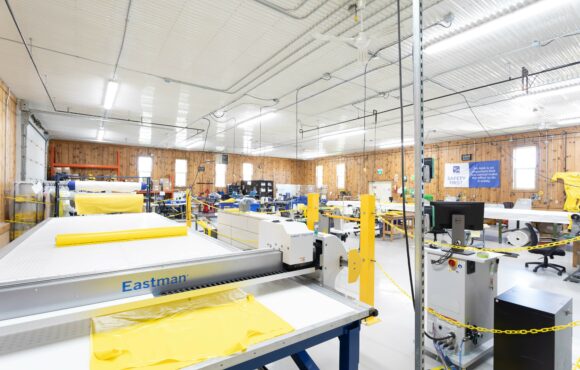 Interior photograph of the personal protective equipment workshop