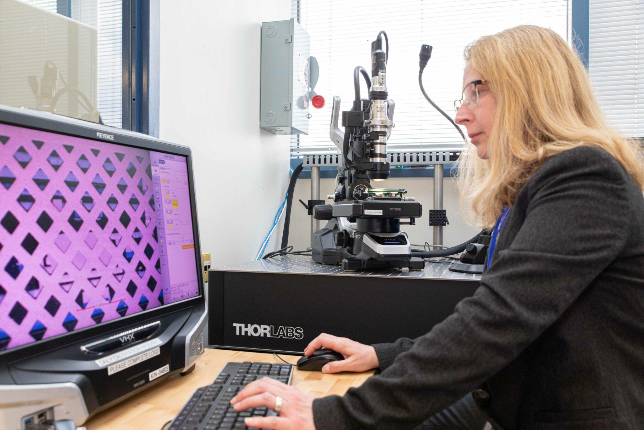 Worker examining microscope image on a computer screen
