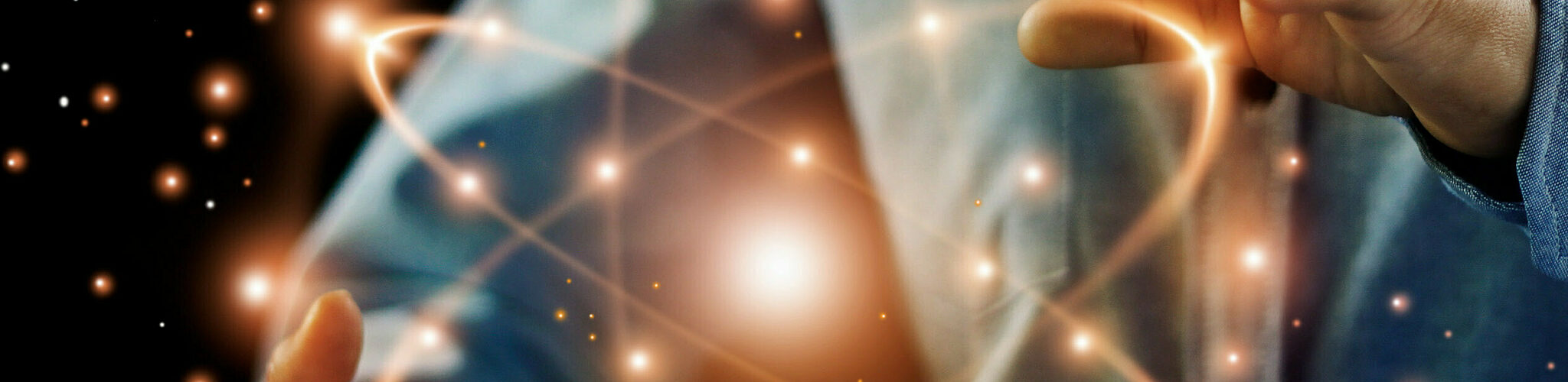 Abstract art of a worker holding an sparkling atomic symbol