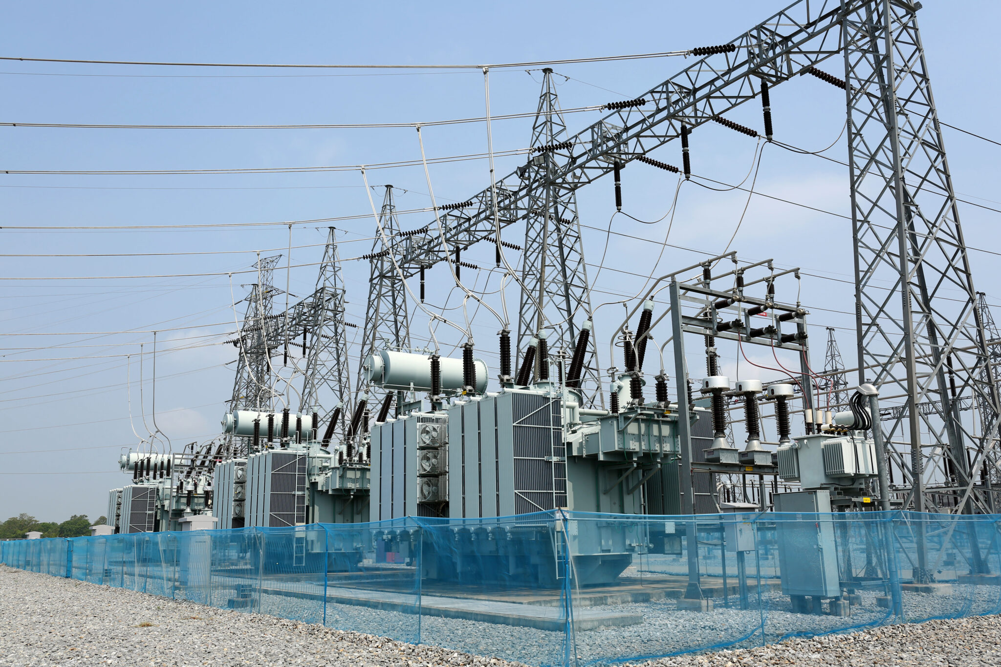 Large fenced-in transformer station