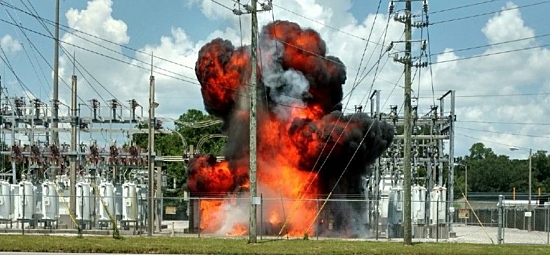 Outdoor photograph of an explosion at a substation