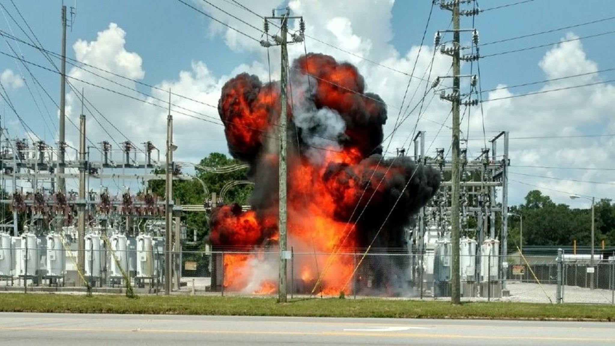 Outdoor photograph of an explosion at a substation