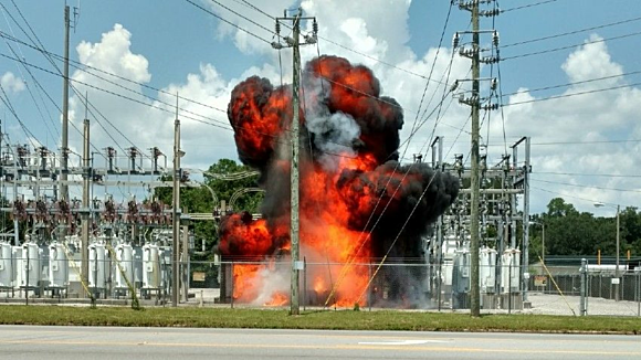 Outdoor photograph of an explosion at a substation