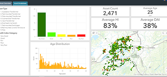 An asset dashboard showing location and age distribution of the assets