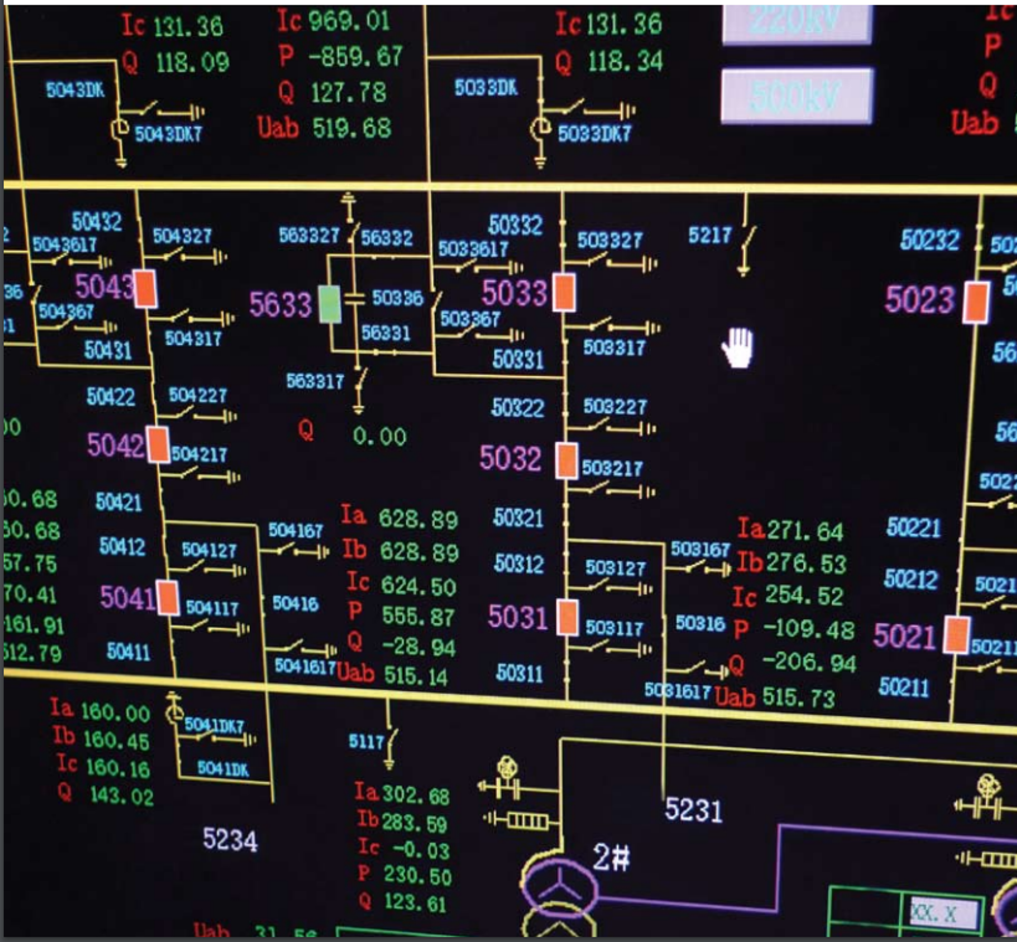 Closeup of a computer monitor displaying a power system map