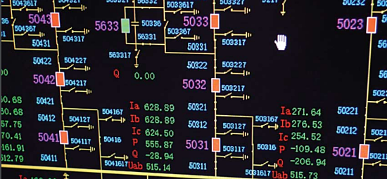 Closeup of a computer monitor displaying a power system map