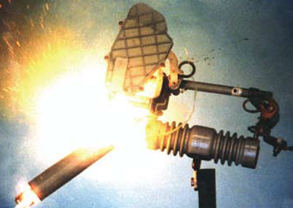 Photograph of distribution equipment suffering a small explosion