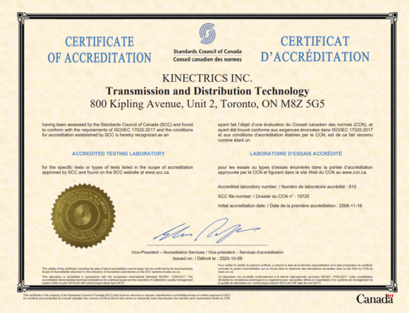 Photocopy of Kinectrics' transmission and distribution technology certificate of accreditation, signed by the standards council of Canada