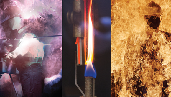 Collage of three images depicting arc flash and fire-resistance testing