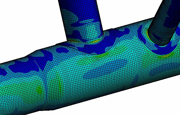 Closeup 3d model of a piping joint overlayed with a heatmap